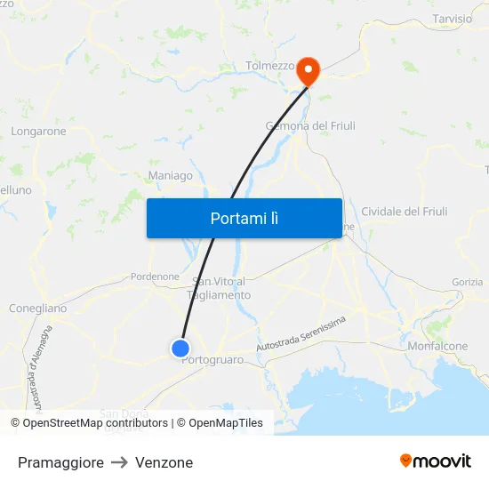 Pramaggiore to Venzone map