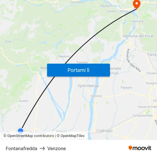 Fontanafredda to Venzone map