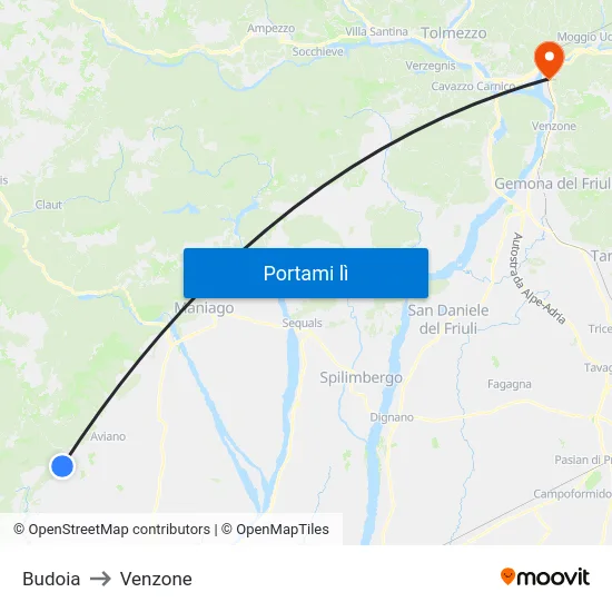 Budoia to Venzone map