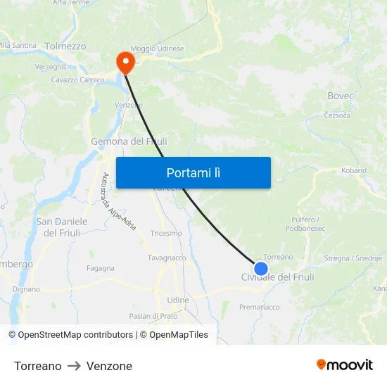 Torreano to Venzone map