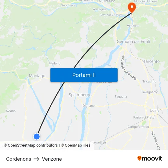 Cordenons to Venzone map