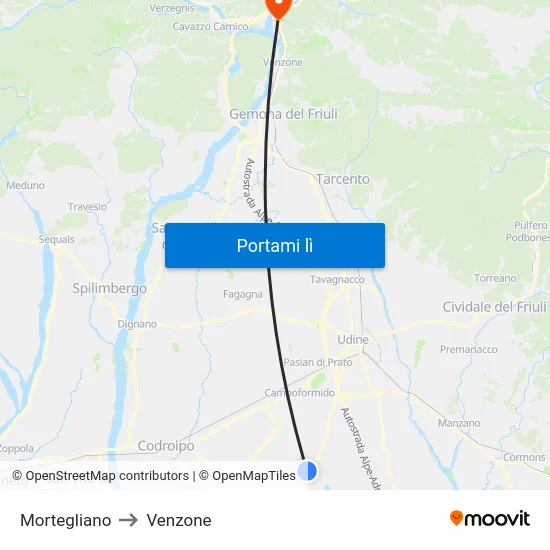 Mortegliano to Venzone map