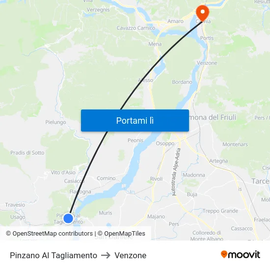 Pinzano Al Tagliamento to Venzone map