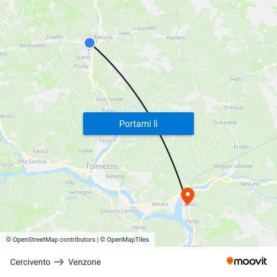 Cercivento to Venzone map
