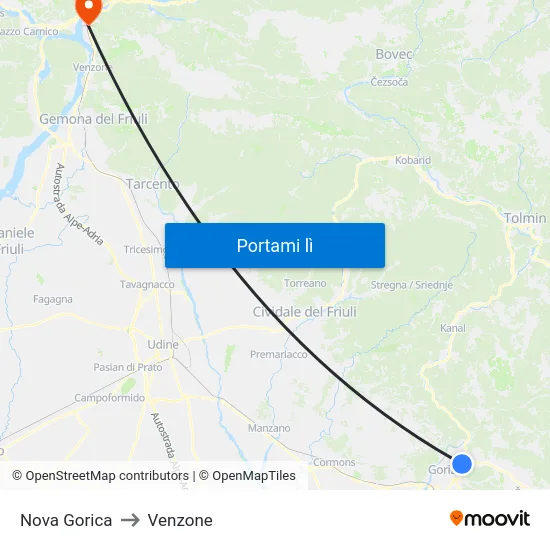 Nova Gorica to Venzone map