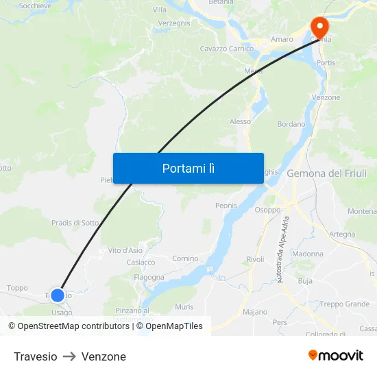 Travesio to Venzone map