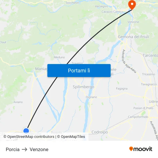 Porcia to Venzone map