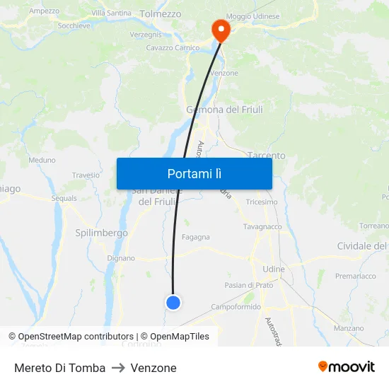 Mereto Di Tomba to Venzone map