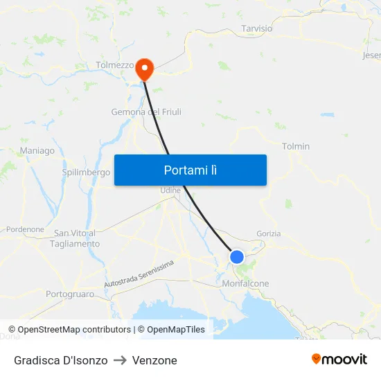 Gradisca D'Isonzo to Venzone map