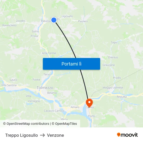 Treppo Ligosullo to Venzone map