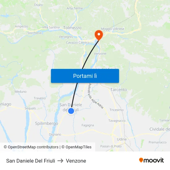 San Daniele Del Friuli to Venzone map