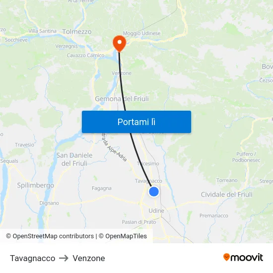 Tavagnacco to Venzone map