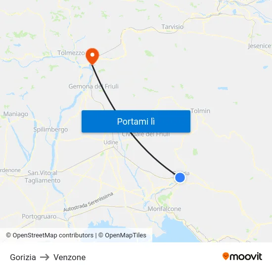 Gorizia to Venzone map