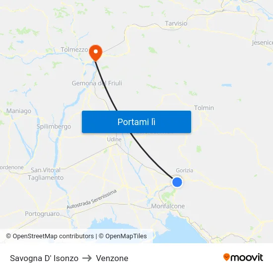 Savogna D' Isonzo to Venzone map
