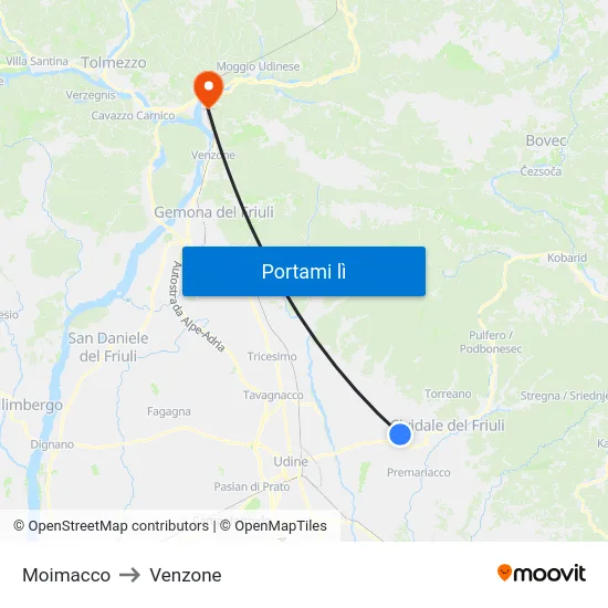 Moimacco to Venzone map