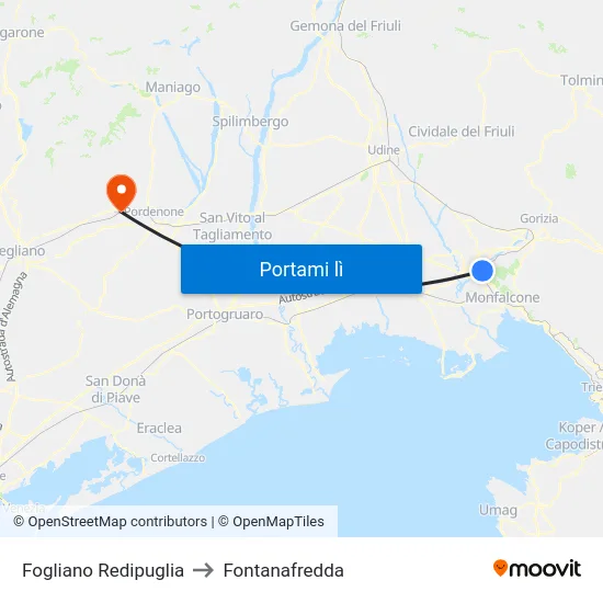 Fogliano Redipuglia to Fontanafredda map