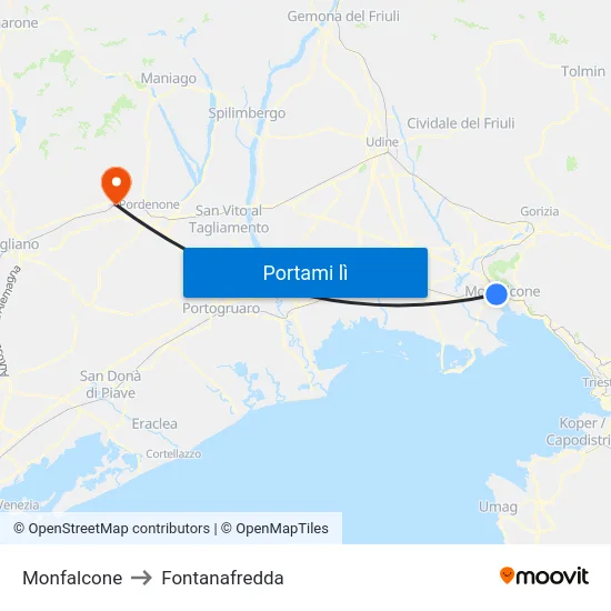 Monfalcone to Fontanafredda map