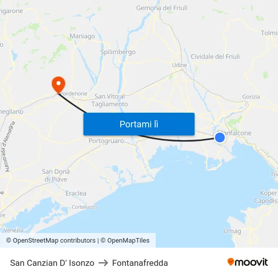 San Canzian D' Isonzo to Fontanafredda map