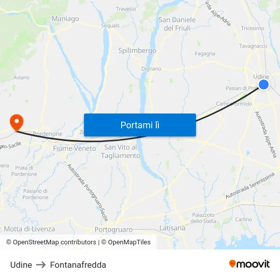 Udine to Fontanafredda map