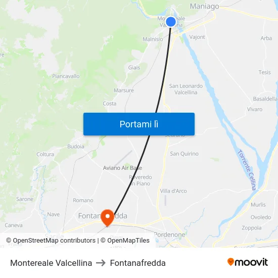 Montereale Valcellina to Fontanafredda map