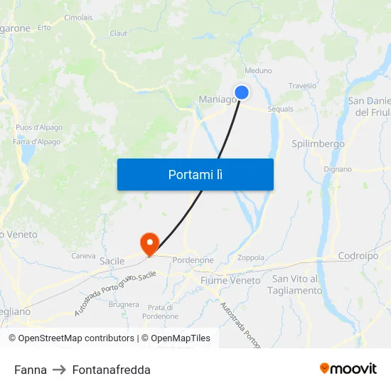 Fanna to Fontanafredda map