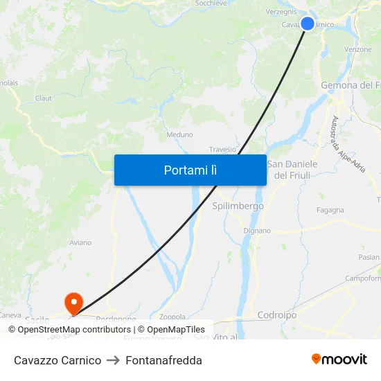 Cavazzo Carnico to Fontanafredda map