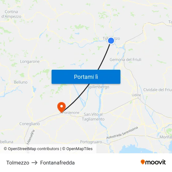 Tolmezzo to Fontanafredda map