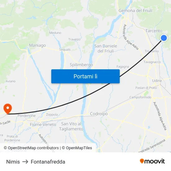 Nimis to Fontanafredda map