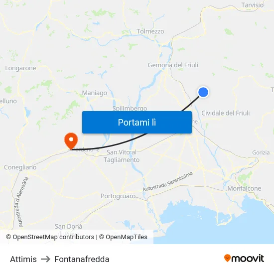 Attimis to Fontanafredda map