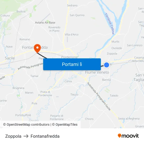 Zoppola to Fontanafredda map