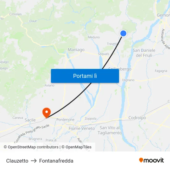 Clauzetto to Fontanafredda map