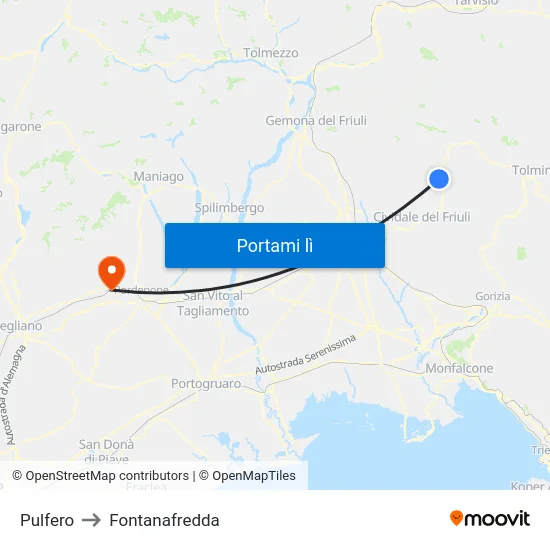 Pulfero to Fontanafredda map