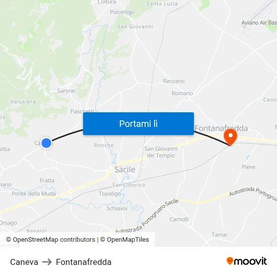 Caneva to Fontanafredda map