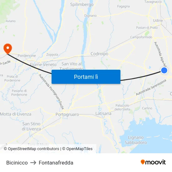 Bicinicco to Fontanafredda map
