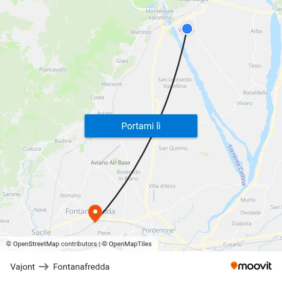 Vajont to Fontanafredda map