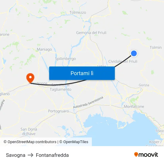 Savogna to Fontanafredda map