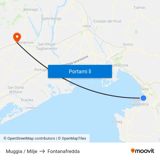 Muggia / Milje to Fontanafredda map