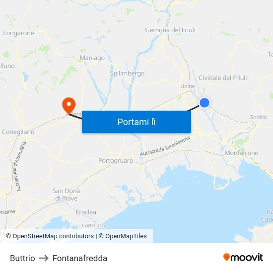 Buttrio to Fontanafredda map
