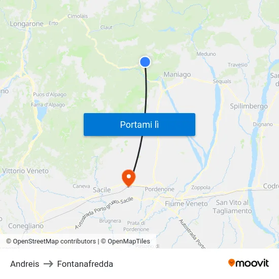 Andreis to Fontanafredda map