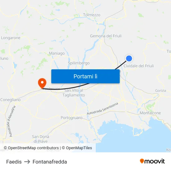 Faedis to Fontanafredda map