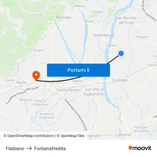 Flaibano to Fontanafredda map