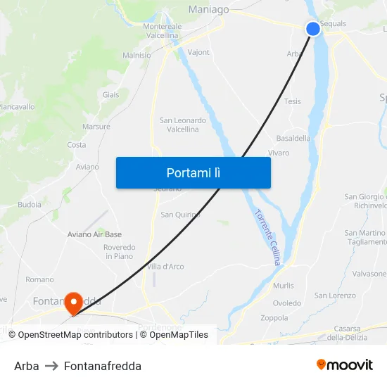 Arba to Fontanafredda map