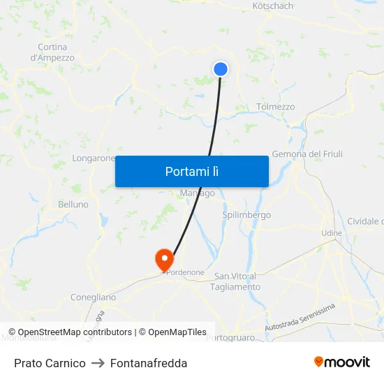 Prato Carnico to Fontanafredda map