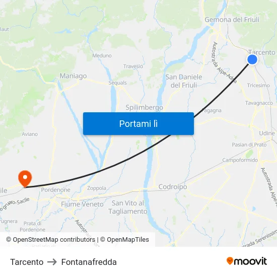 Tarcento to Fontanafredda map