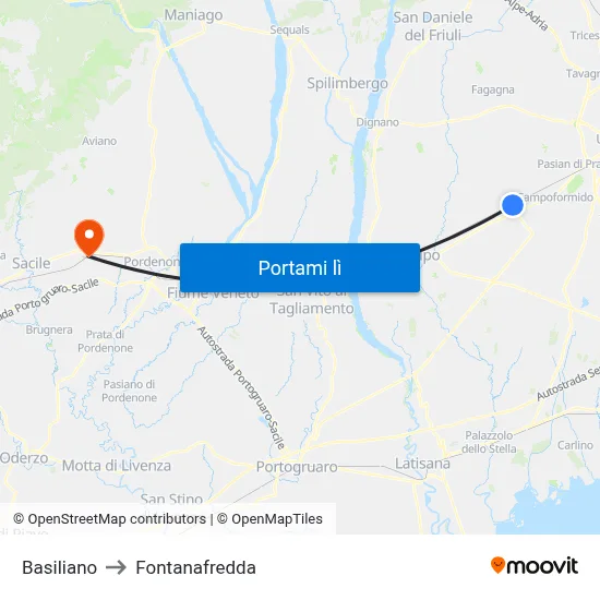 Basiliano to Fontanafredda map