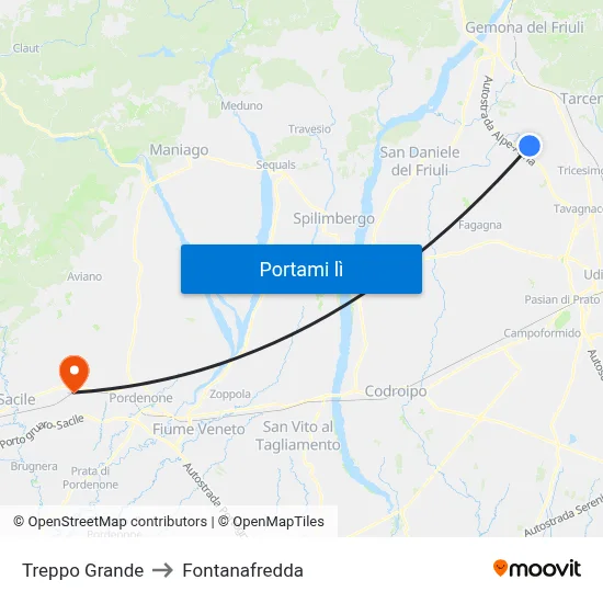 Treppo Grande to Fontanafredda map