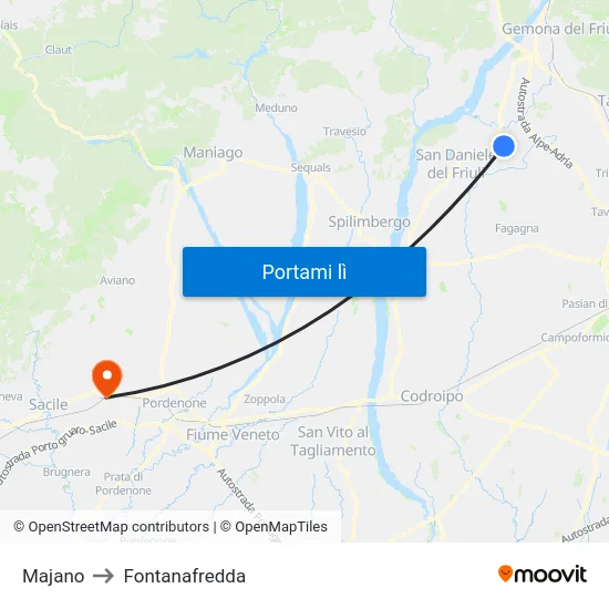 Majano to Fontanafredda map