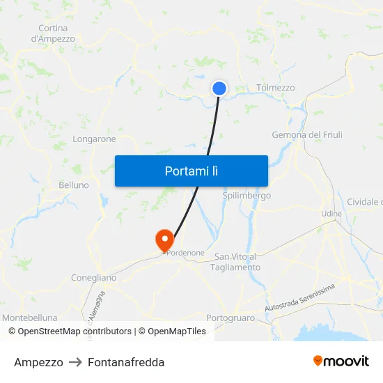 Ampezzo to Fontanafredda map