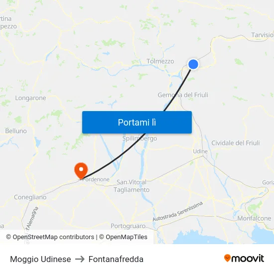 Moggio Udinese to Fontanafredda map