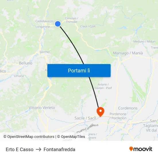 Erto E Casso to Fontanafredda map